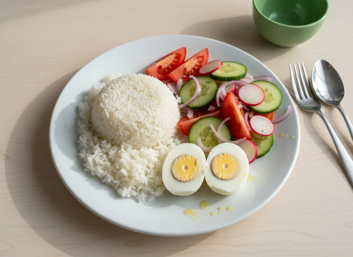 Prato com arroz, ovos e salada photo
