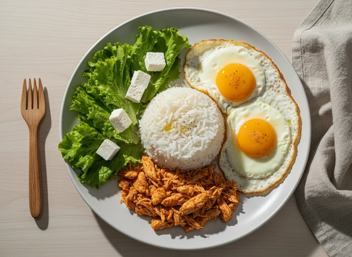 Prato com arroz, ovos, frango desfiado, alface e queijo photo
