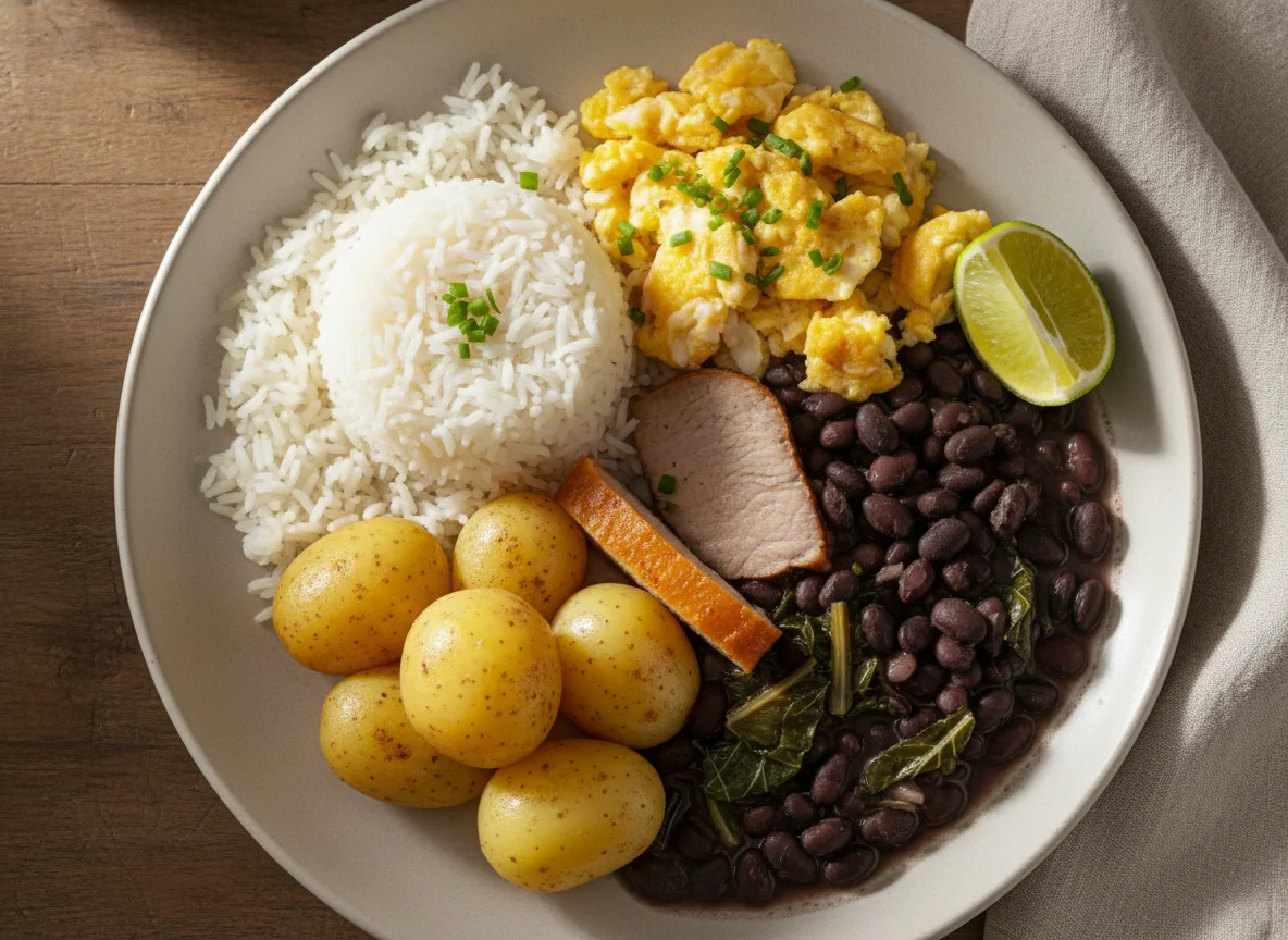 Prato com arroz, ovos mexidos, batatas e feijão photo