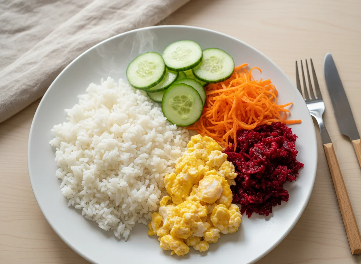 Prato com arroz, ovos mexidos e salada photo