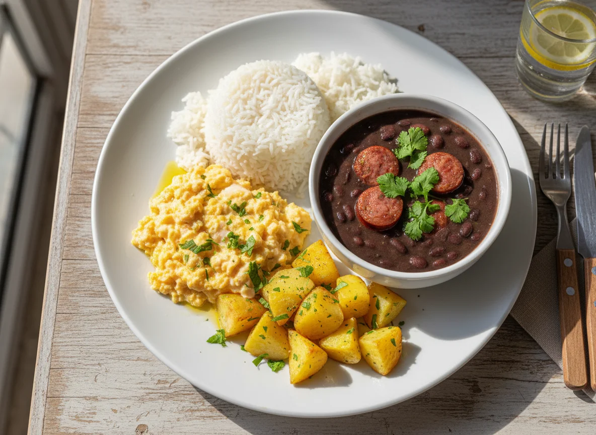 Prato com arroz, ovos mexidos, feijão e batata photo