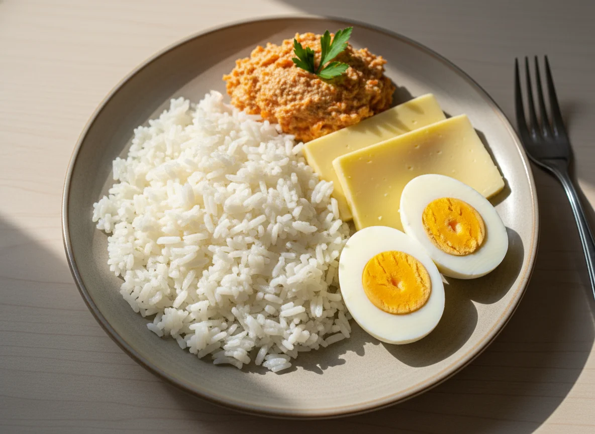 Prato com arroz, ovos, queijo e patê de frango com cenoura photo
