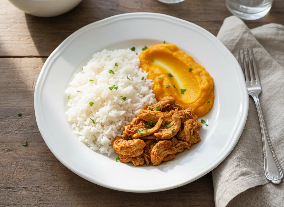 Prato com arroz, purê de abóbora e frango refogado photo