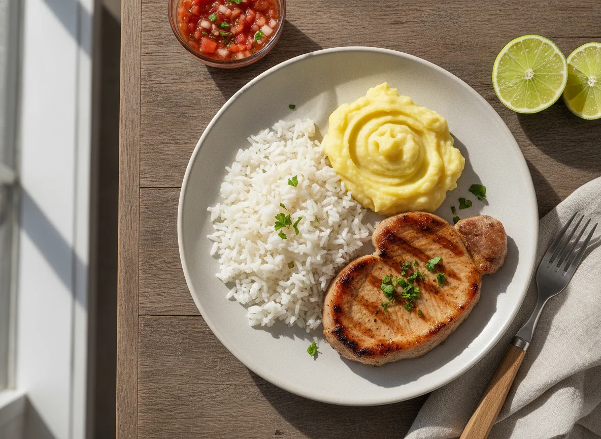 Prato com arroz, purê de batata e bife de porco photo