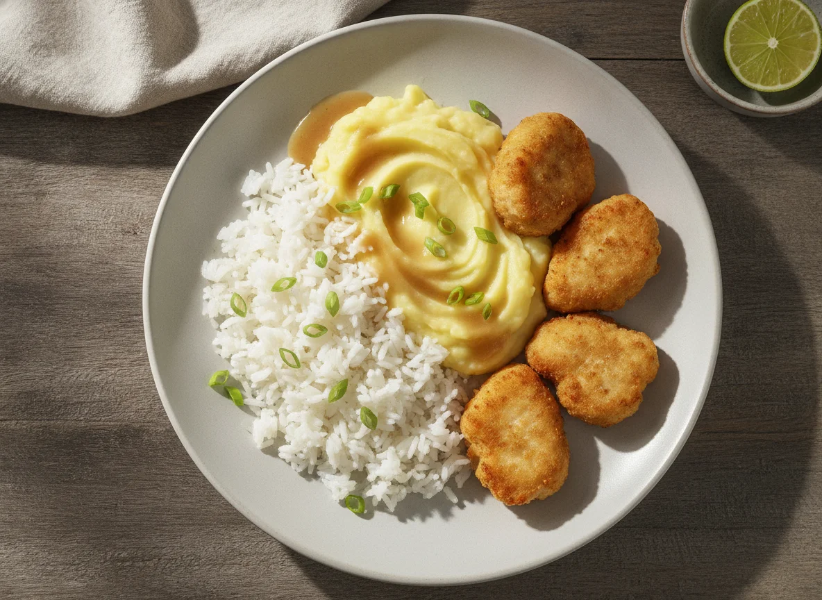 Prato com arroz, purê de batata e nuggets photo
