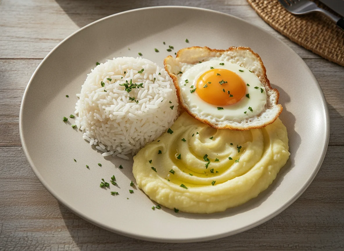 Prato com arroz, purê de batata e ovo frito photo