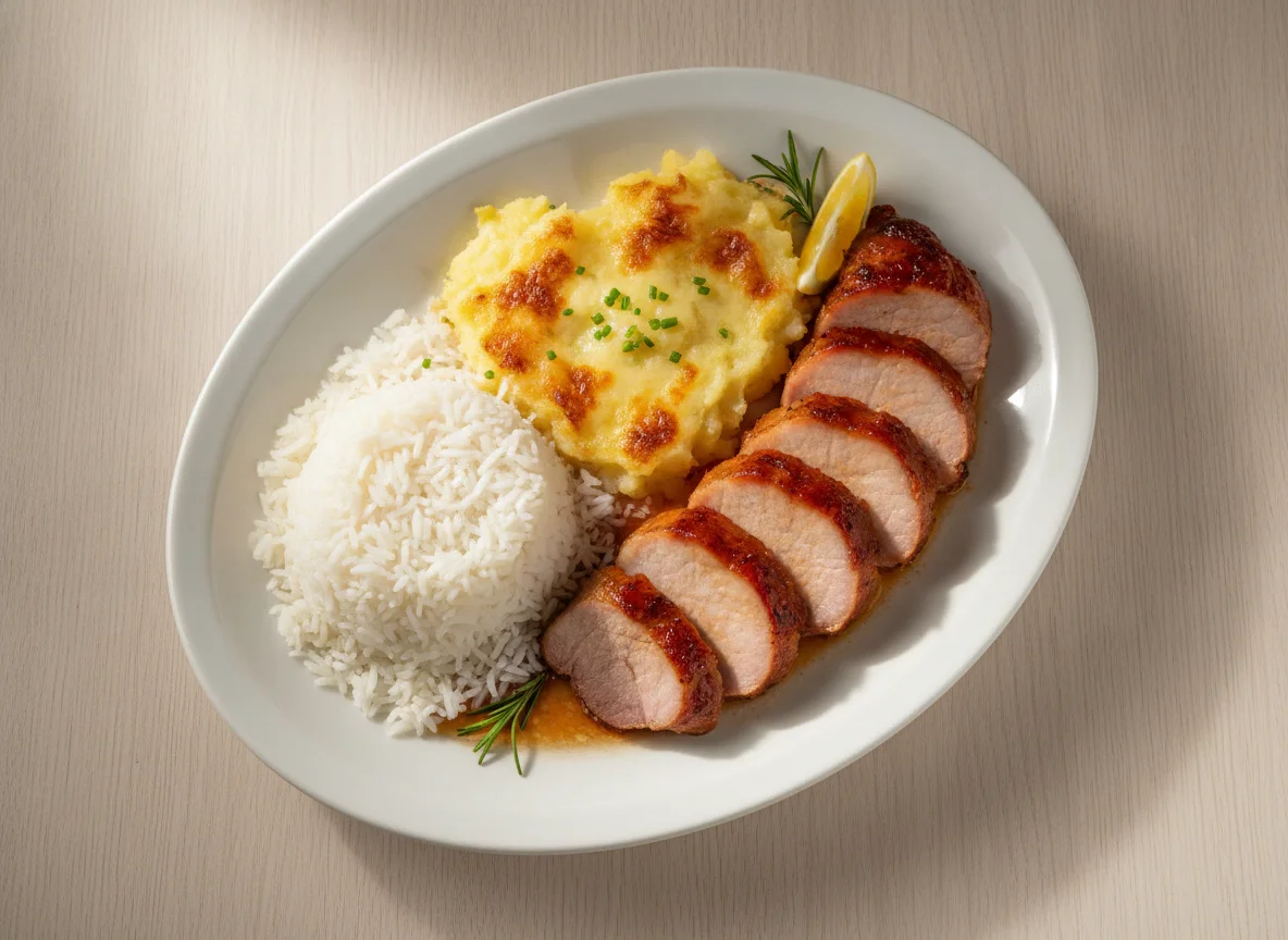 Prato com arroz, purê de batata gratinado e lombo photo