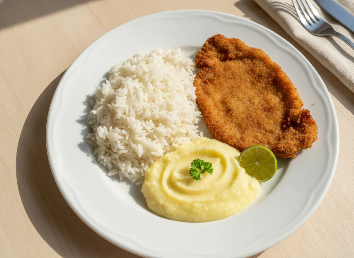 Prato com Arroz, Purê e Bife photo