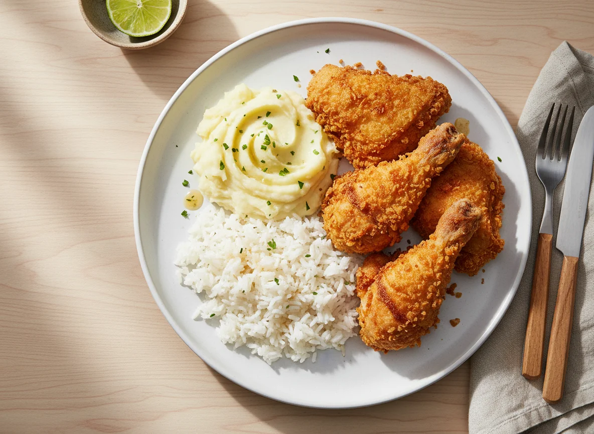 Prato com arroz, purê e frango frito photo