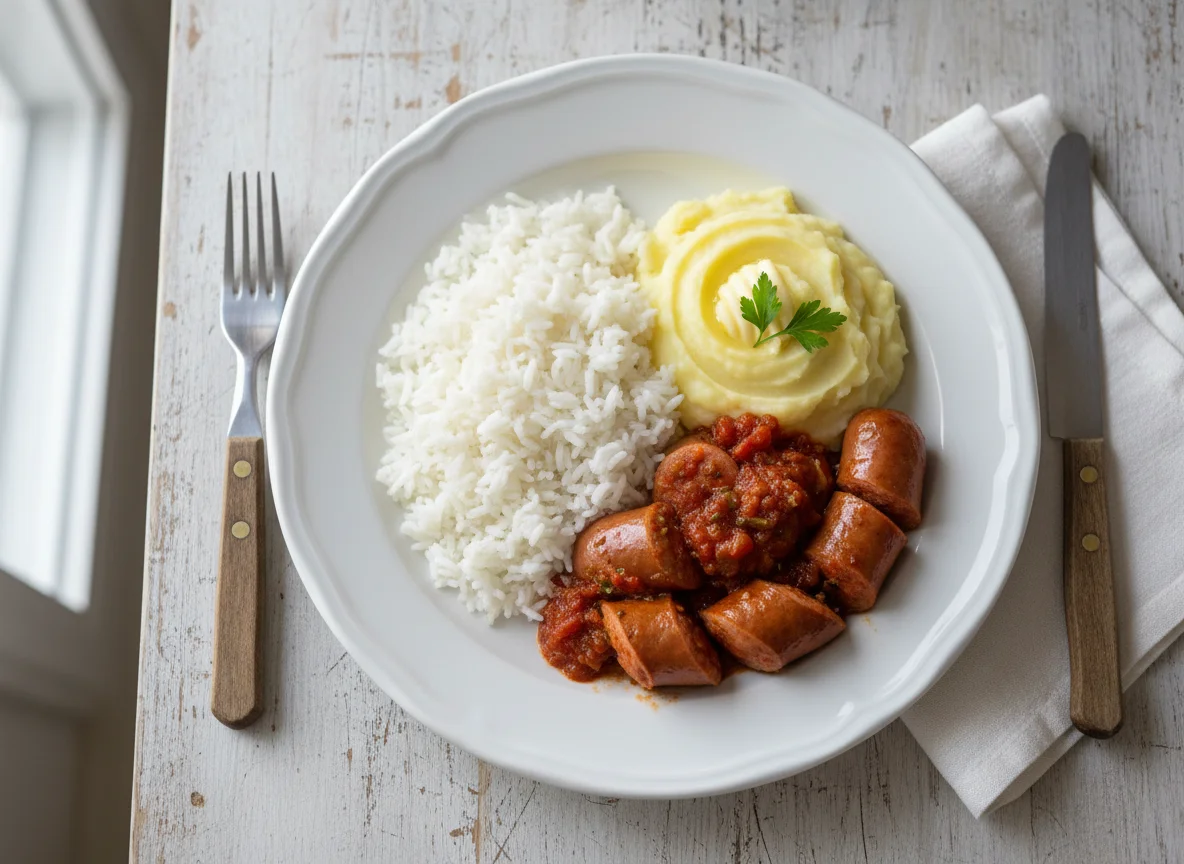 Prato com arroz, purê e salsicha photo