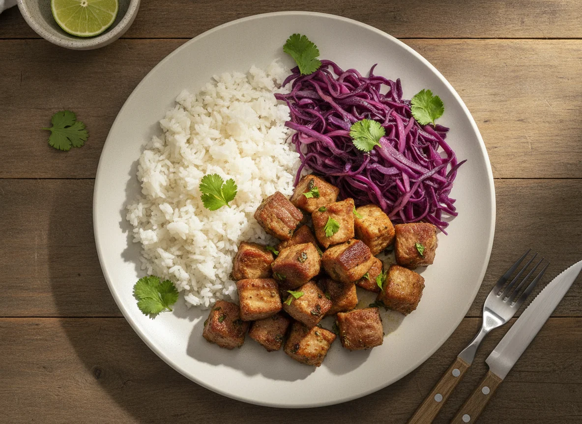 Prato com arroz, repolho roxo e carne de porco photo