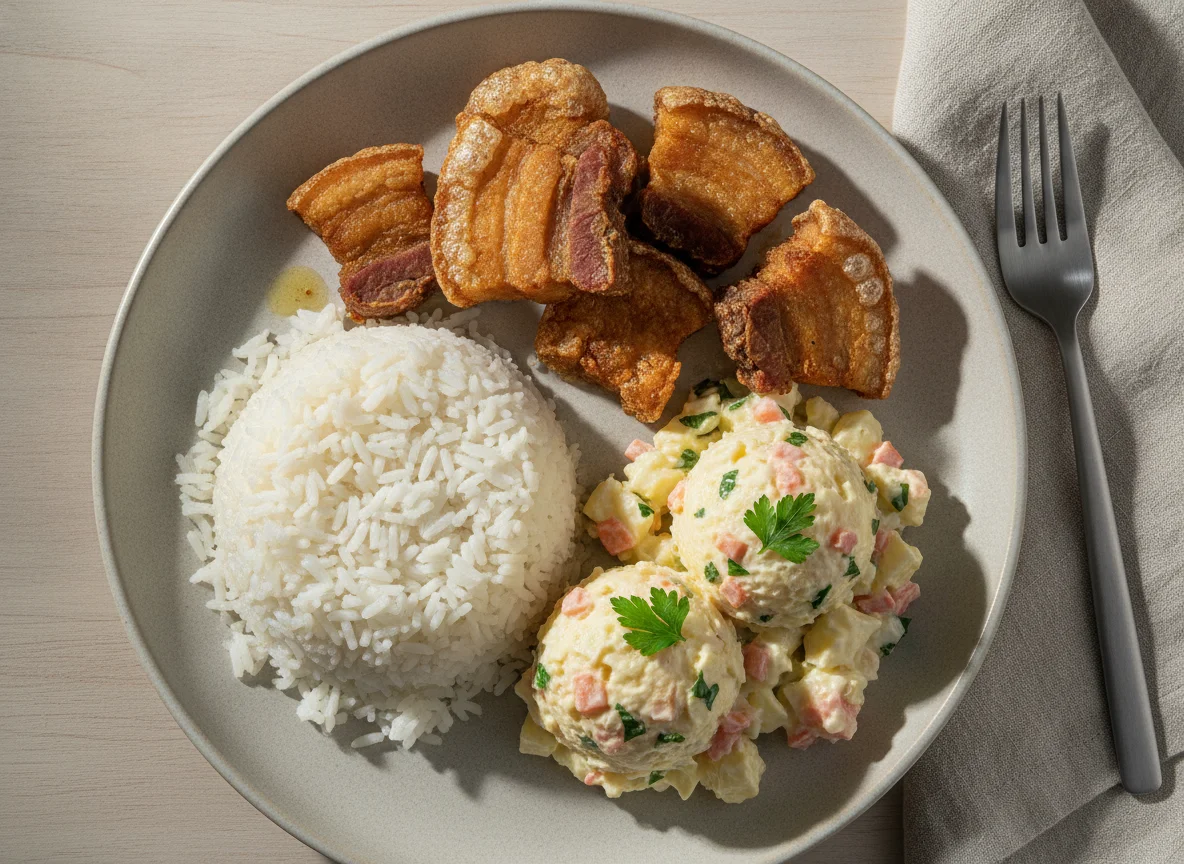 Prato com arroz, salada de maionese e torresmo photo