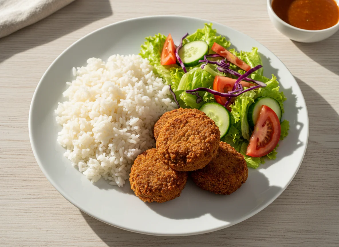 Prato com arroz, salada e carne photo