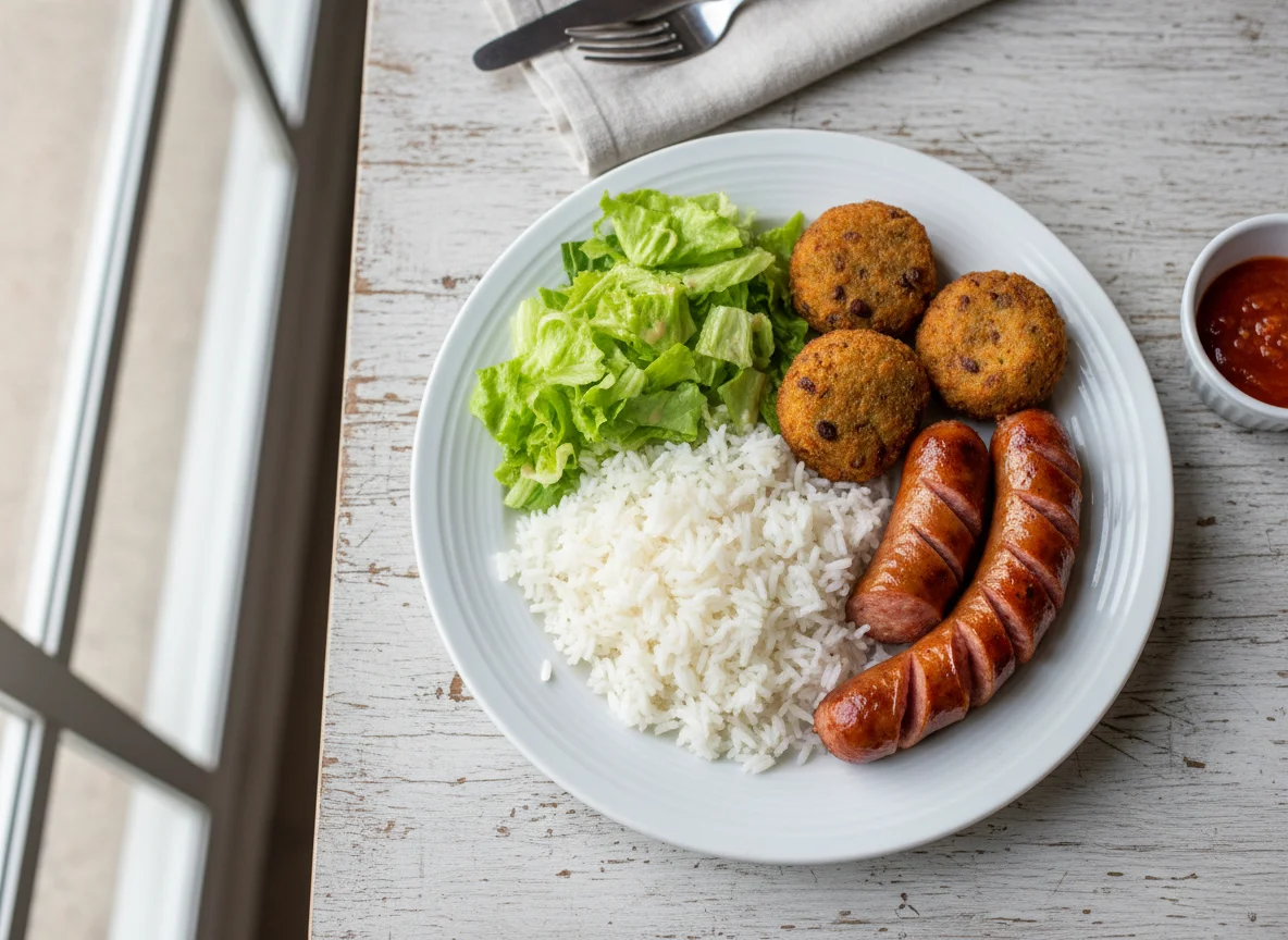 Prato com arroz, salada e linguiça photo
