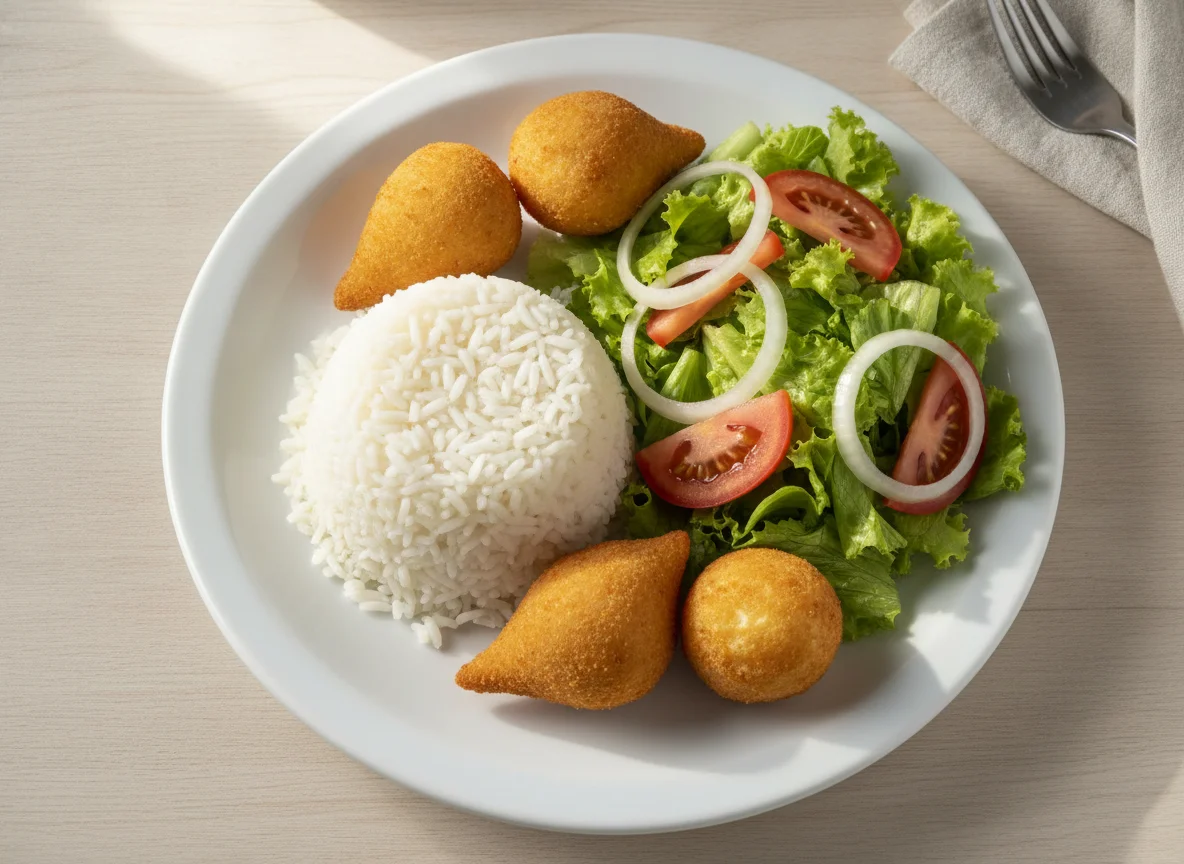 Prato com arroz, salada e salgadinhos photo
