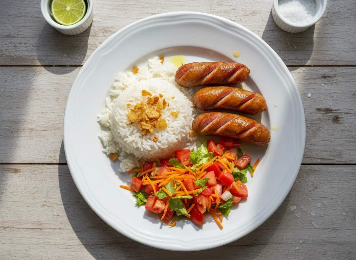Prato com arroz, salsicha e salada de tomate photo
