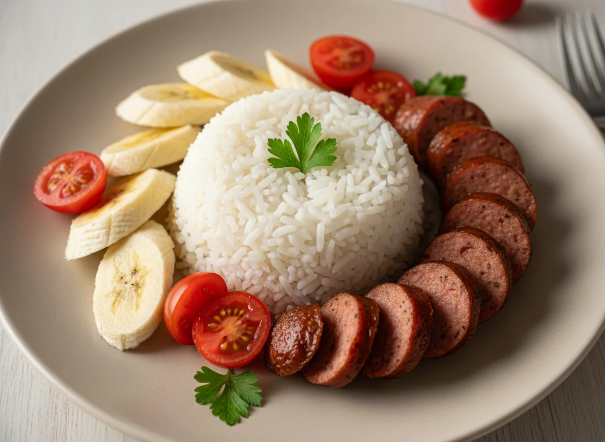 Prato com arroz, salsicha, tomate e banana photo