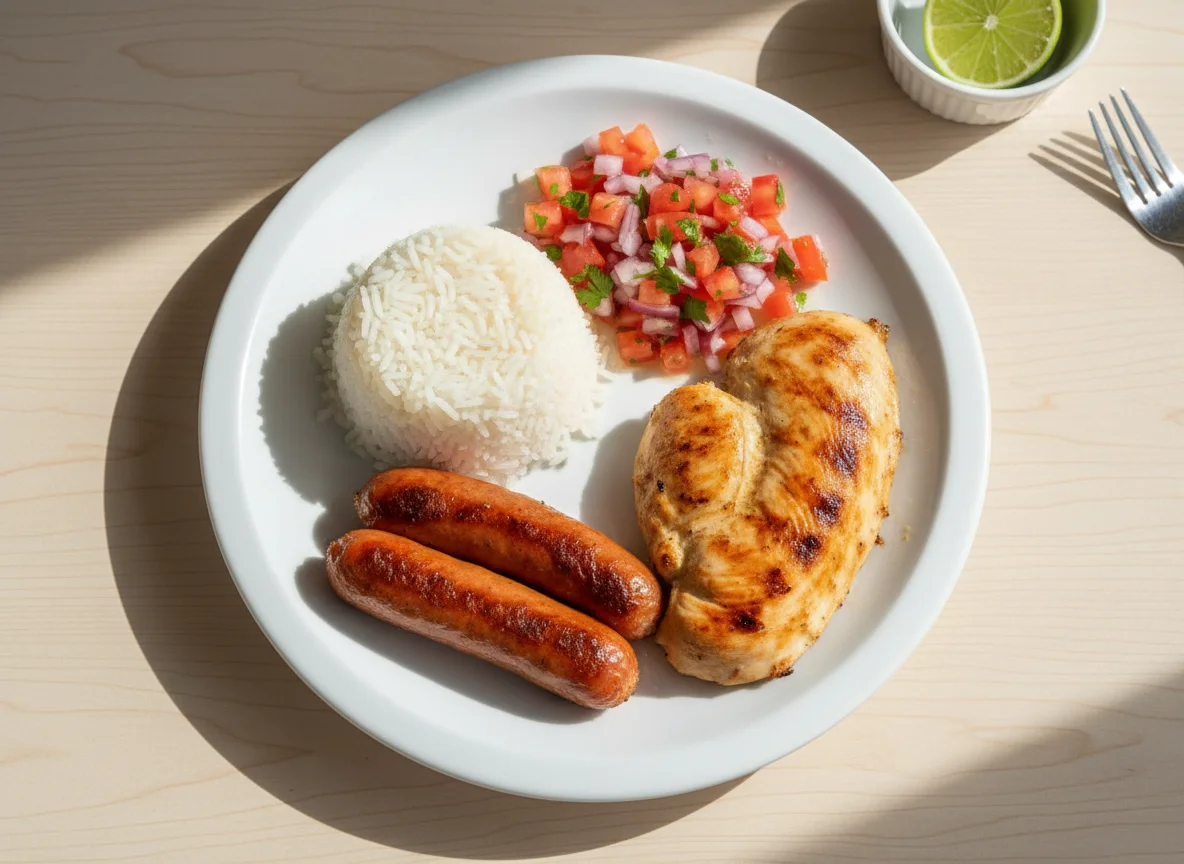 Prato com arroz, vinagrete, linguiça e frango grelhado photo