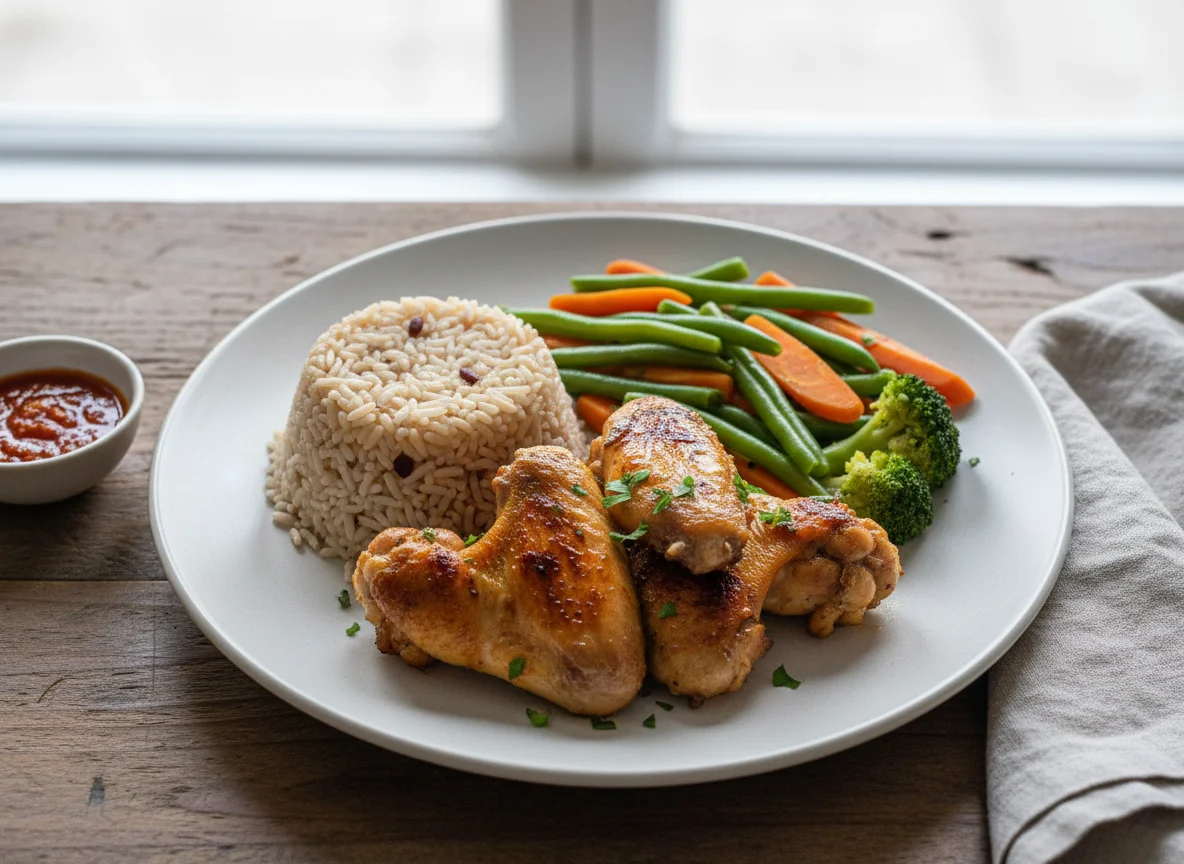 Prato com asas de frango, arroz integral e vegetais photo