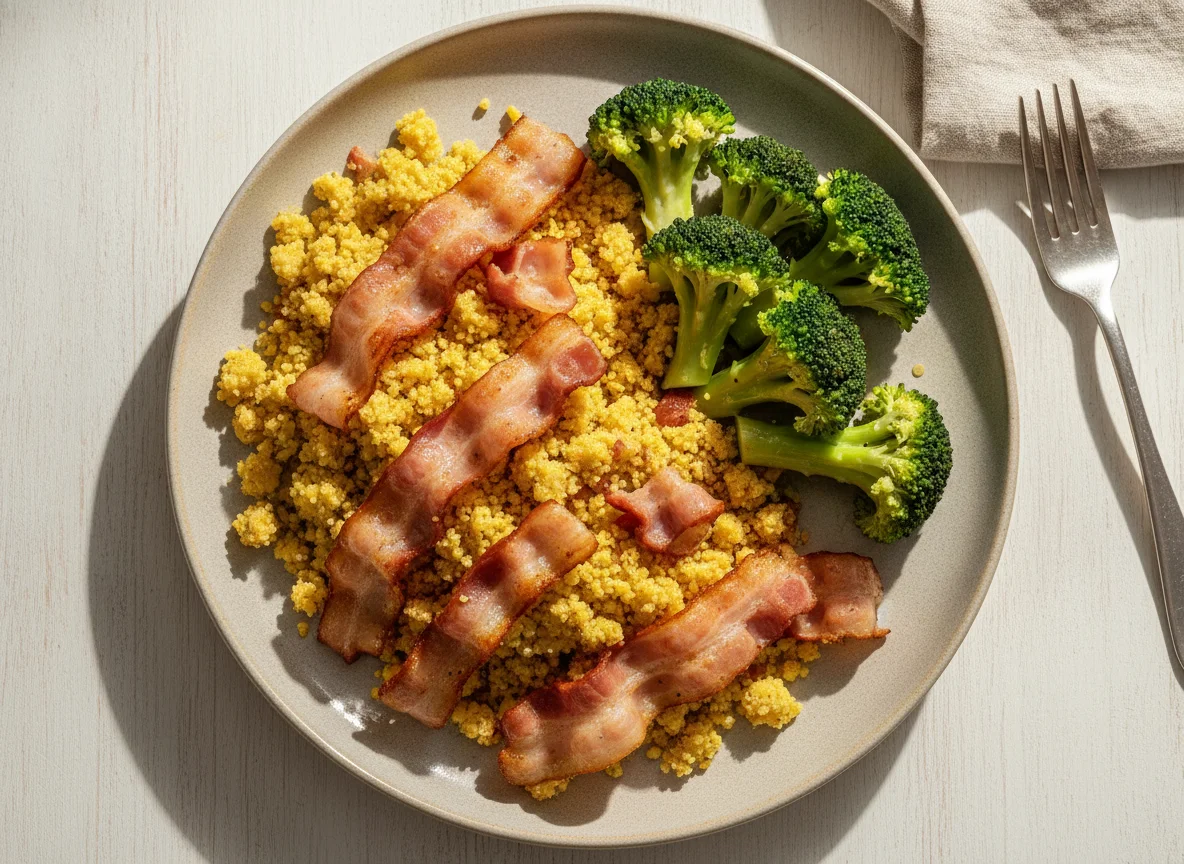 Prato com bacon, farofa e brócolis photo