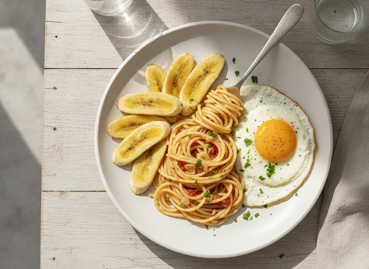 Prato com banana, espaguete e ovo frito photo