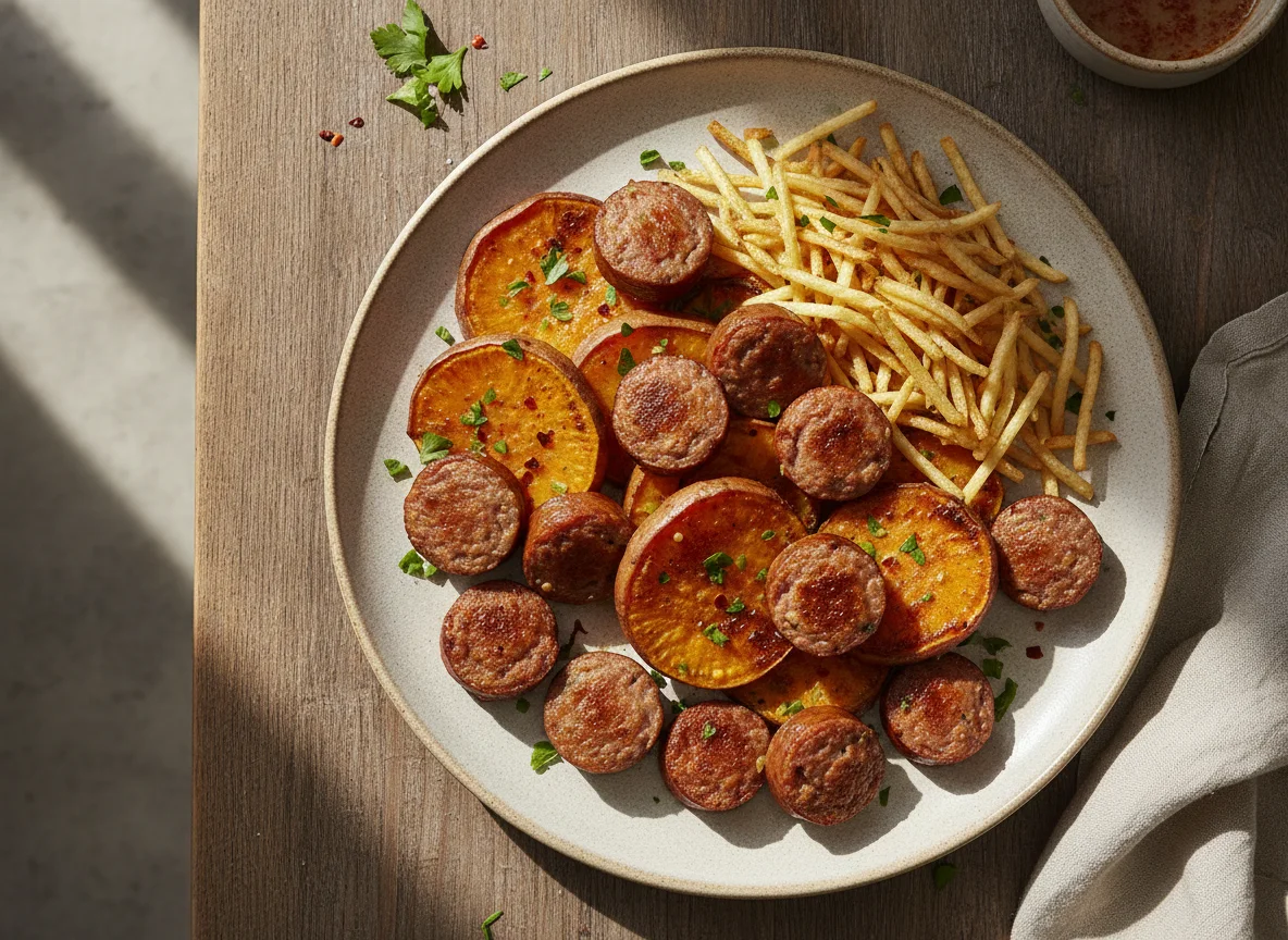 Prato com batata doce, batata palha e linguiça photo