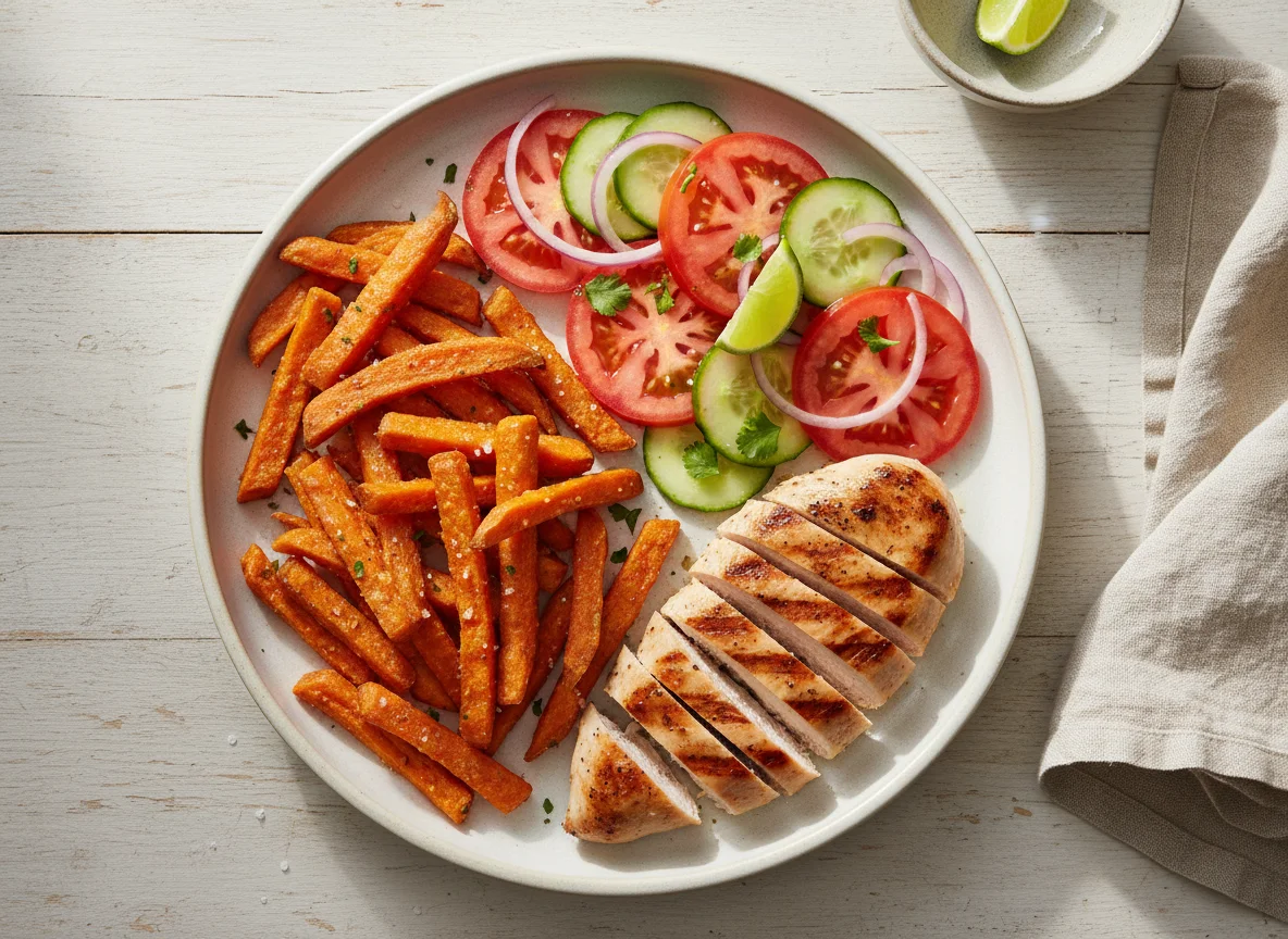Prato com batata doce frita, frango e salada photo