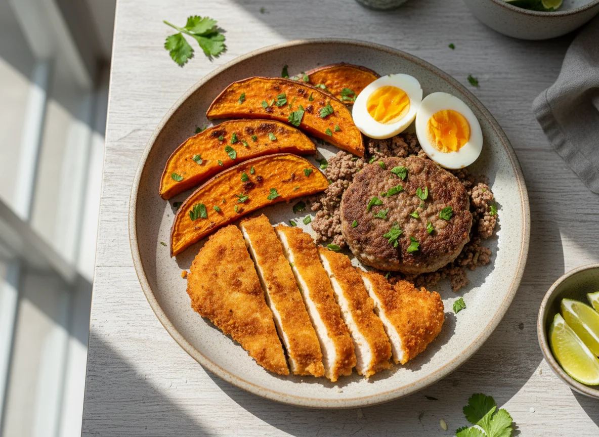 Prato com batata doce, ovos e carnes photo