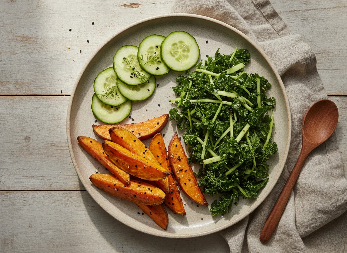 Prato com batata doce, salada de pepino e couve crua photo