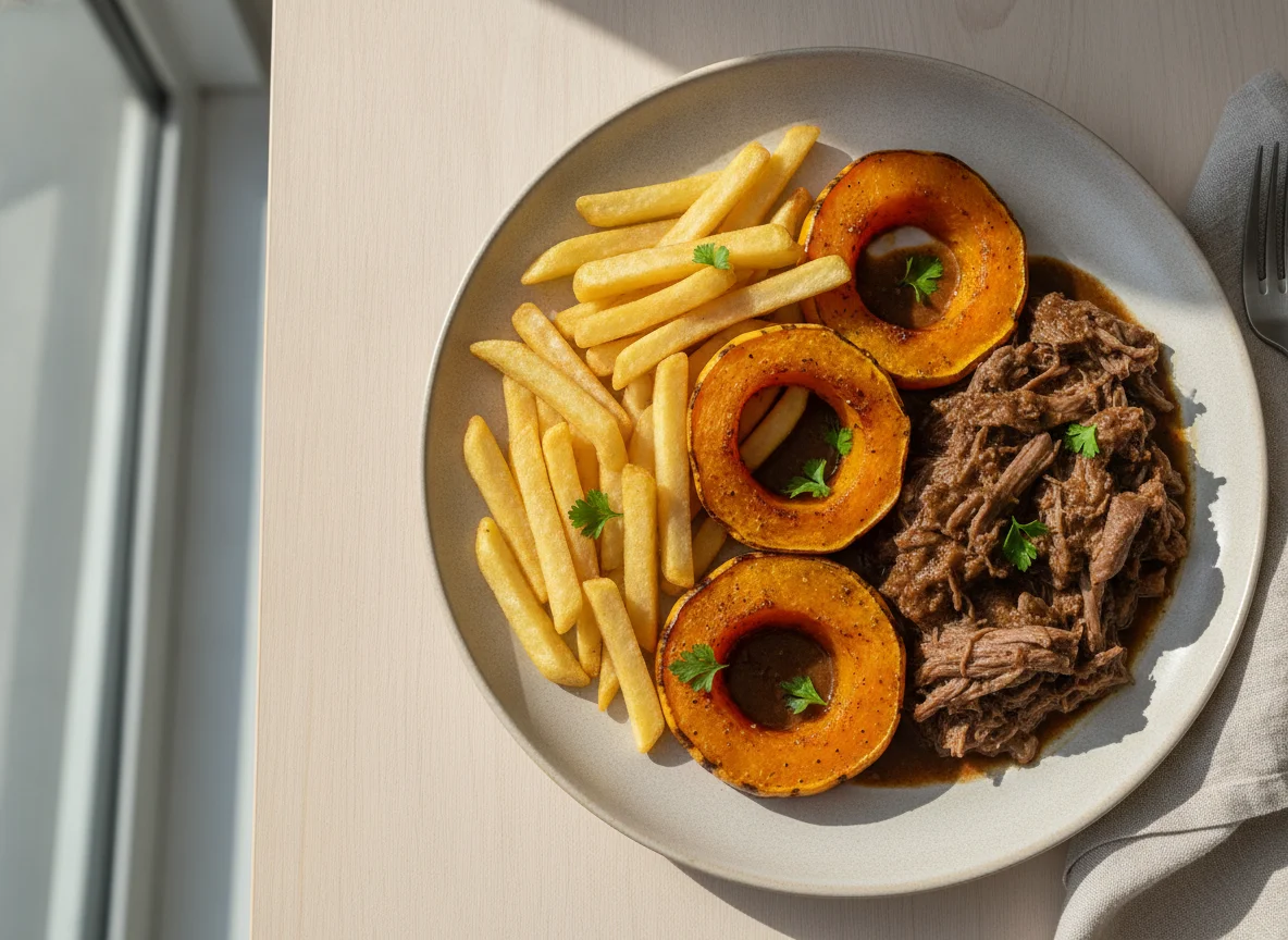 Prato com batata frita, abóbora e molho photo