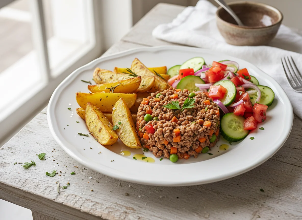Prato com batatas assadas, carne moída e salada photo