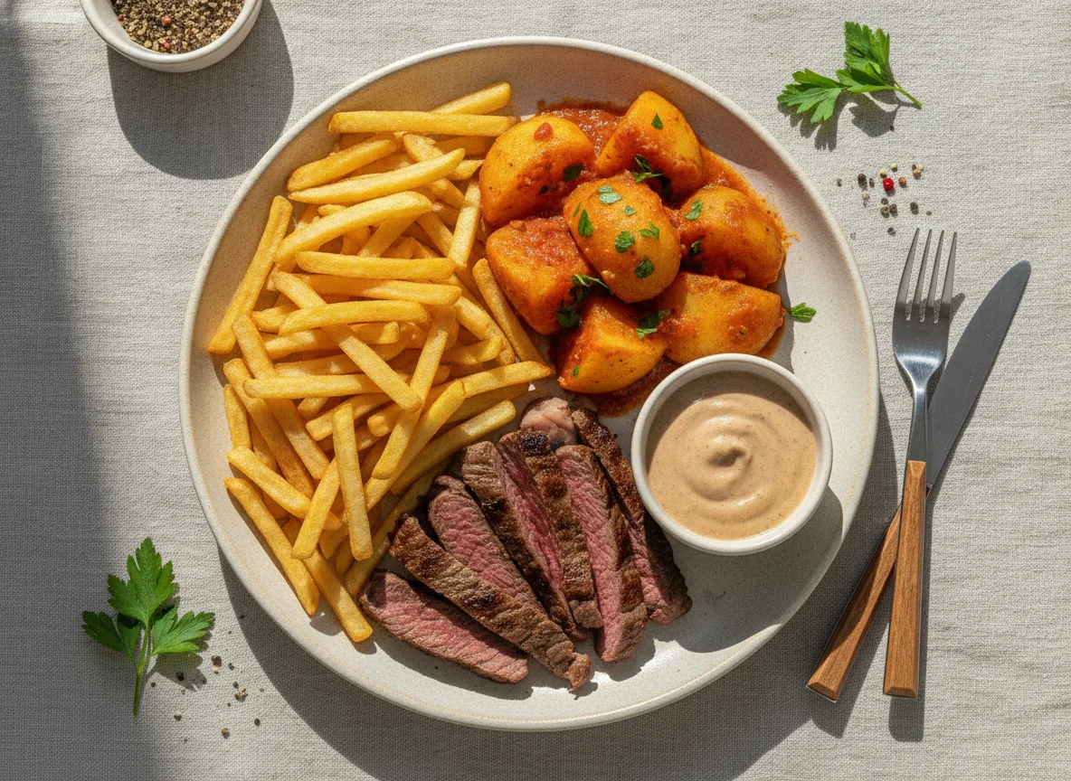 Prato com batatas fritas, carne e molho de batata photo