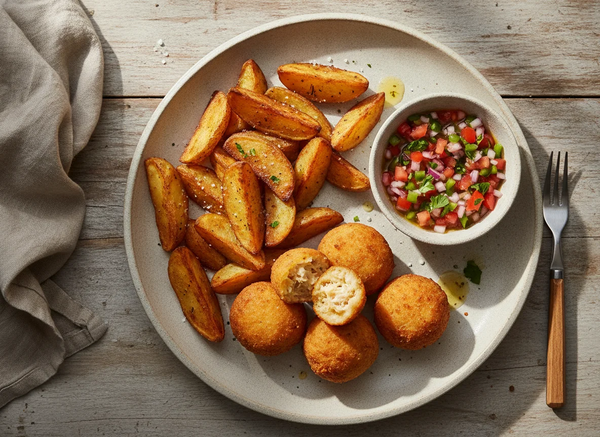 Prato com batatas rústicas, bolinhos fritos e vinagrete photo