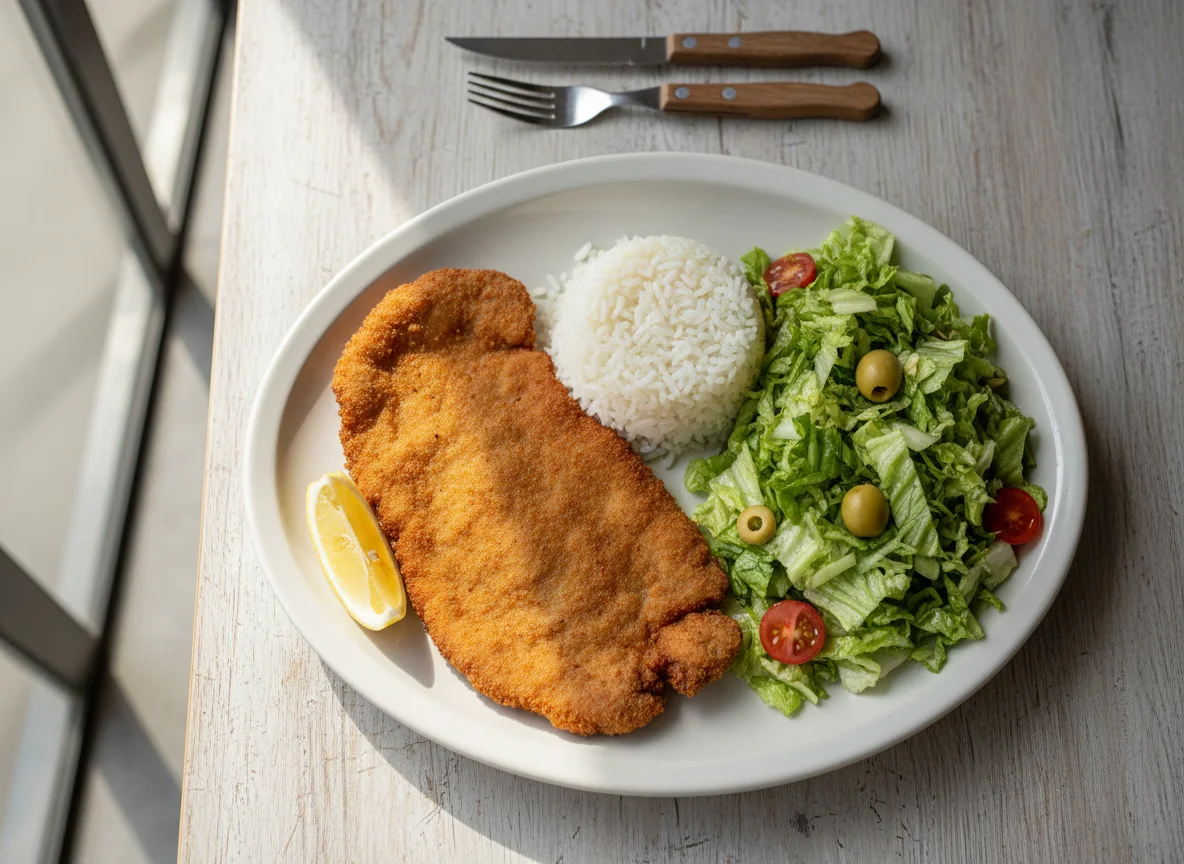 Prato com bife à milanesa, arroz e salada photo