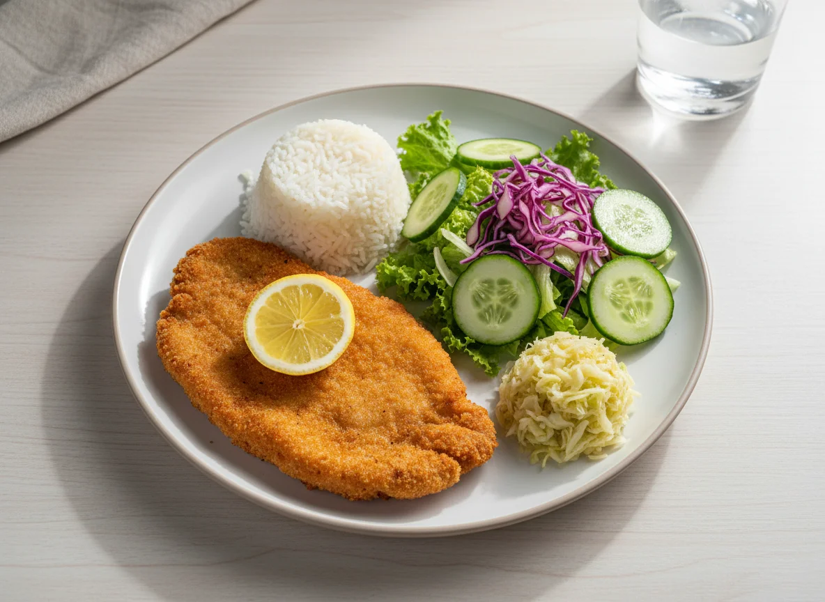 Prato com bife à milanesa e salada photo