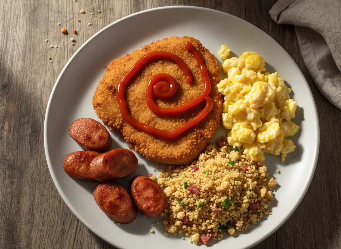 Prato com bife à milanesa, ovos mexidos e farofa photo
