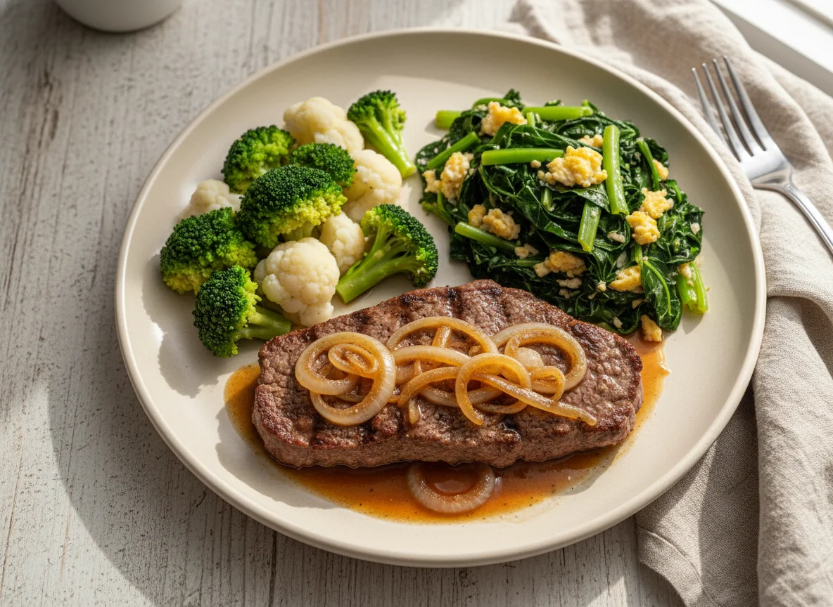 Prato com bife acebolado, brócolis, couve-flor e refogado de couve photo