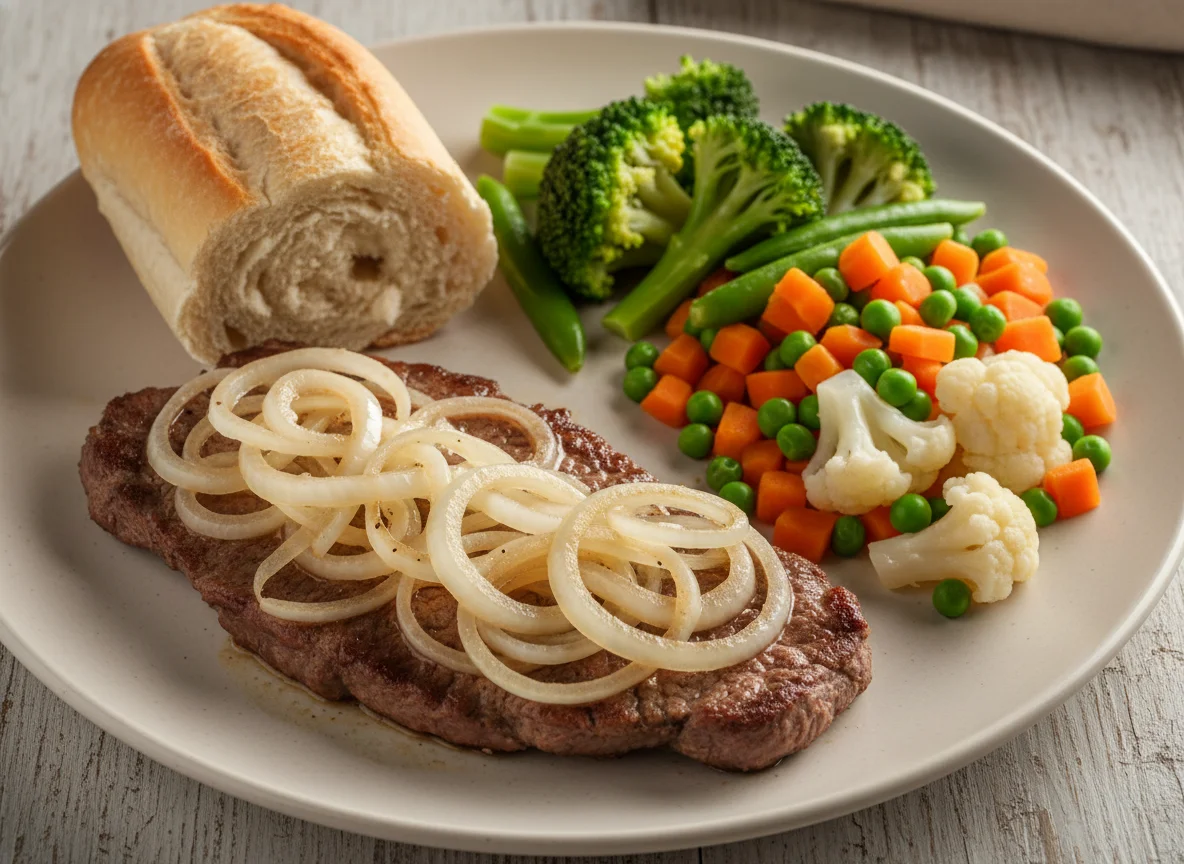 Prato com bife acebolado, legumes e pão photo