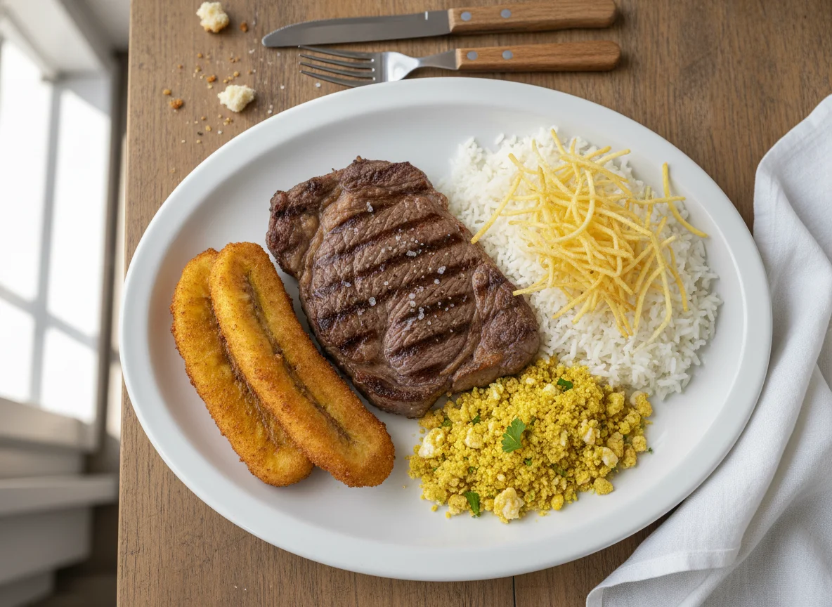 Prato com bife, arroz, banana à milanesa e farofa de ovo photo