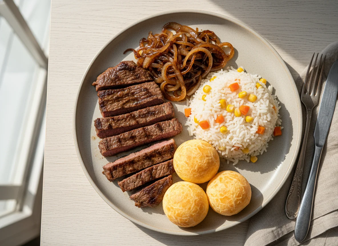 Prato com bife, arroz, cebola caramelizada e pão de queijo photo