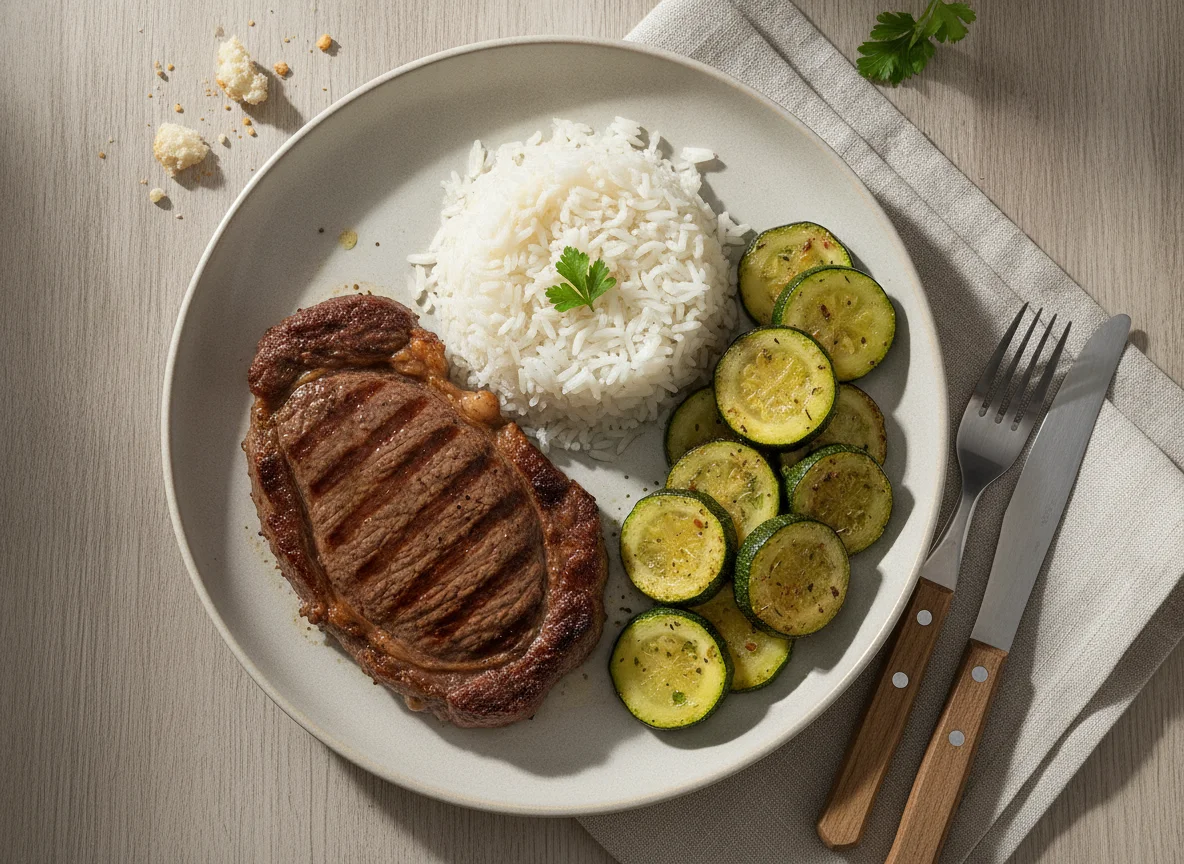 Prato com bife, arroz e abobrinha photo