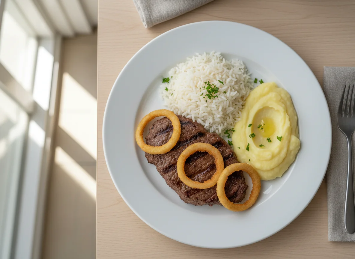 Prato com bife, arroz e purê photo