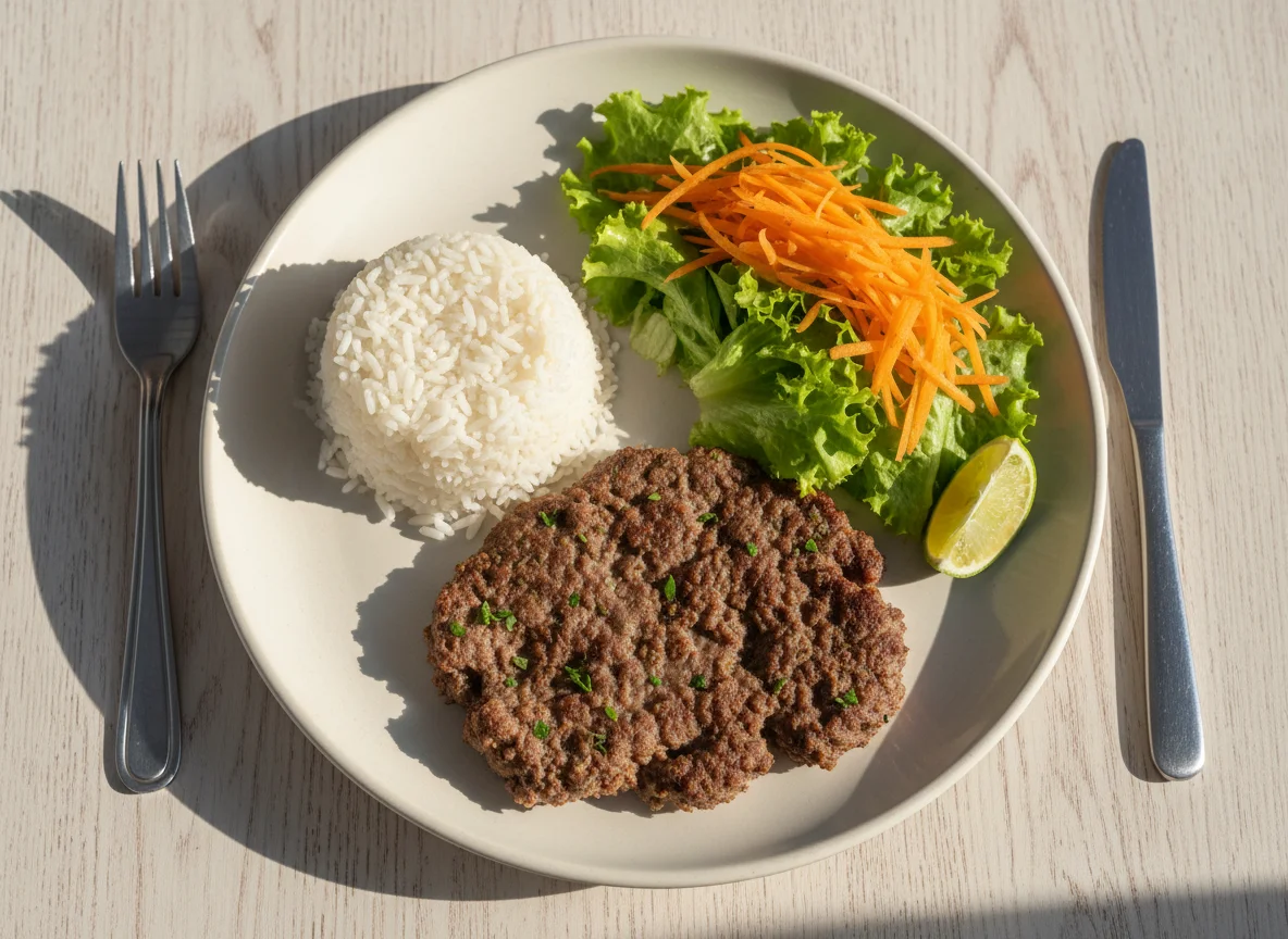 Prato com bife, arroz e salada photo