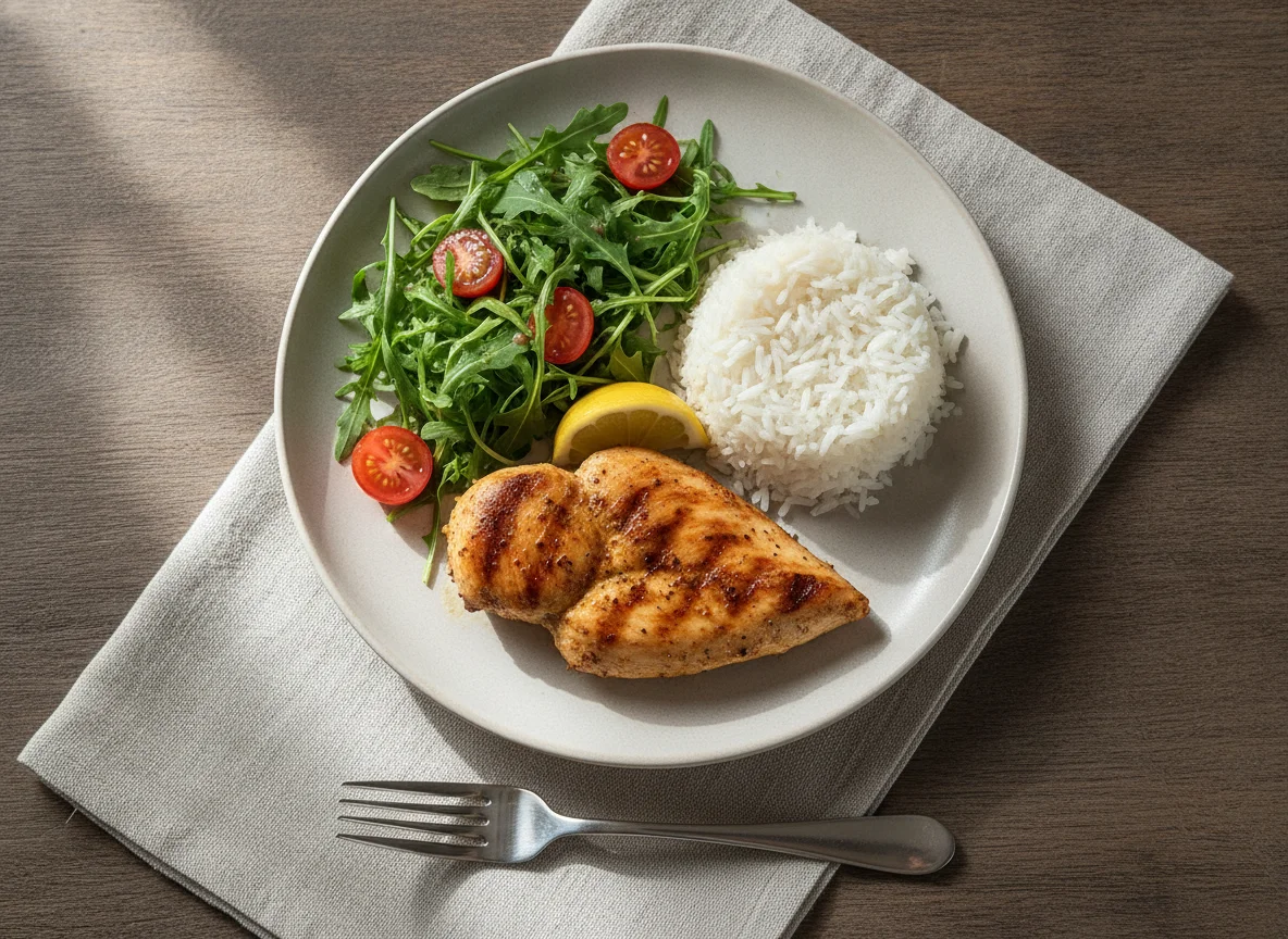 Prato com bife, arroz e salada de rúcula photo