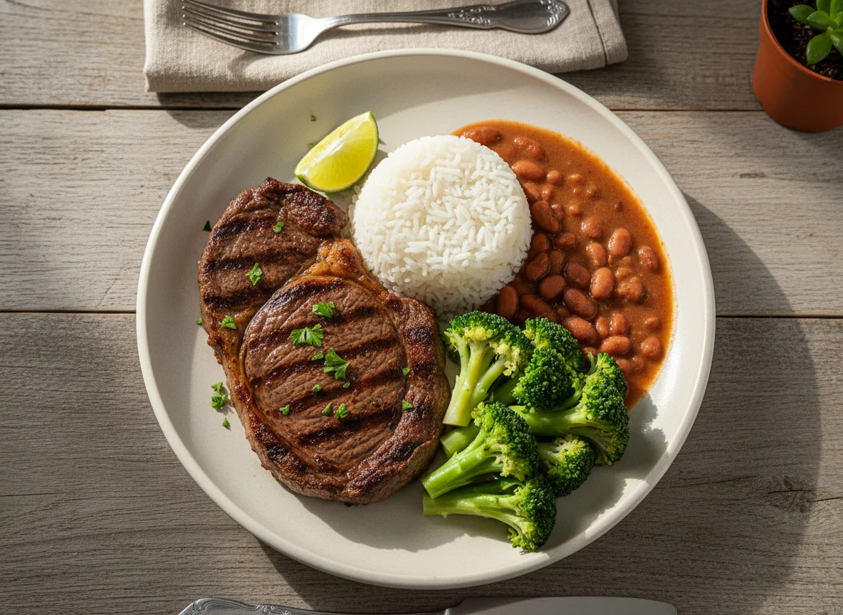 Prato com bife, arroz, feijão e brócolis photo