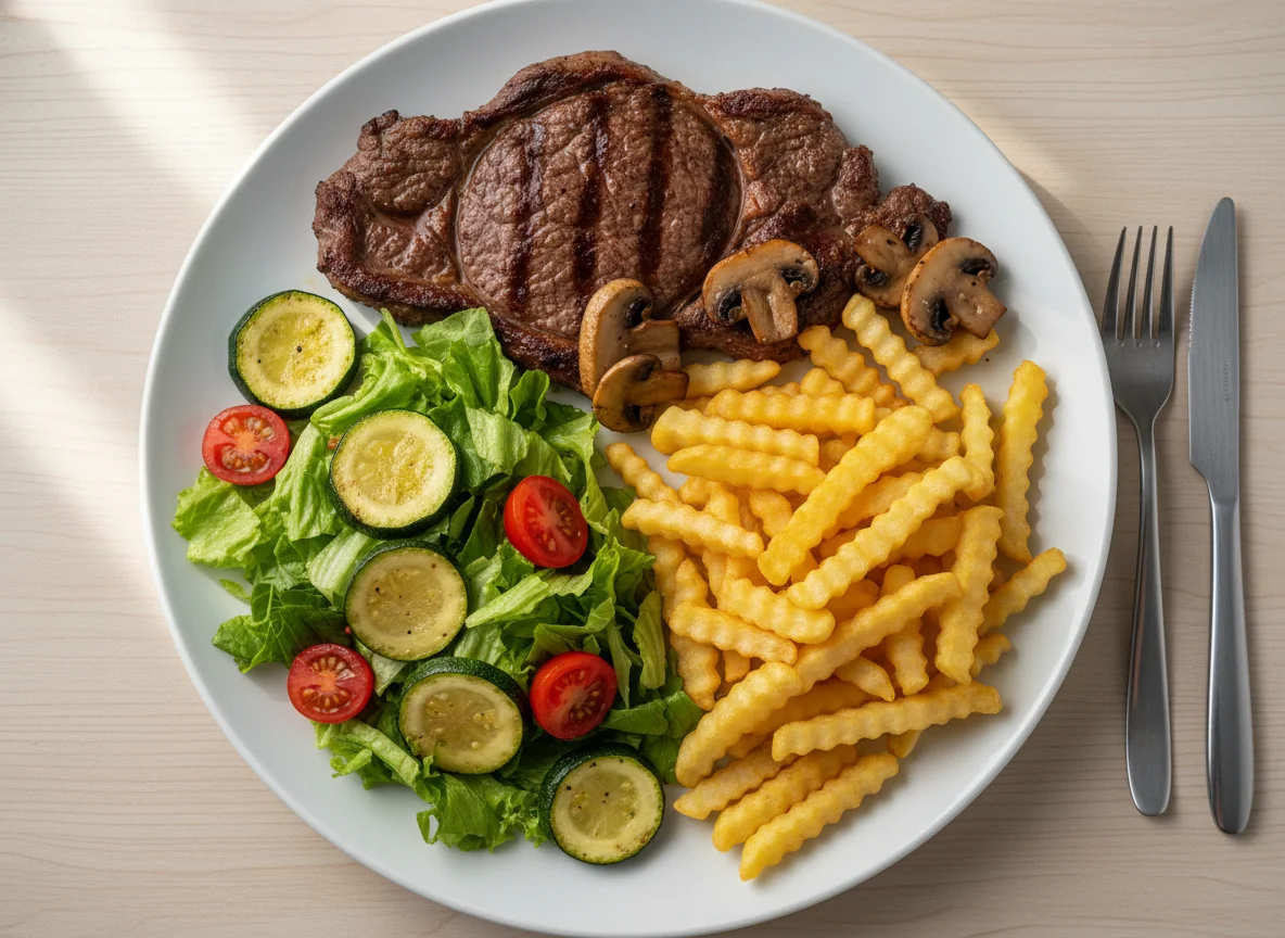 Prato com bife, batata frita e salada photo
