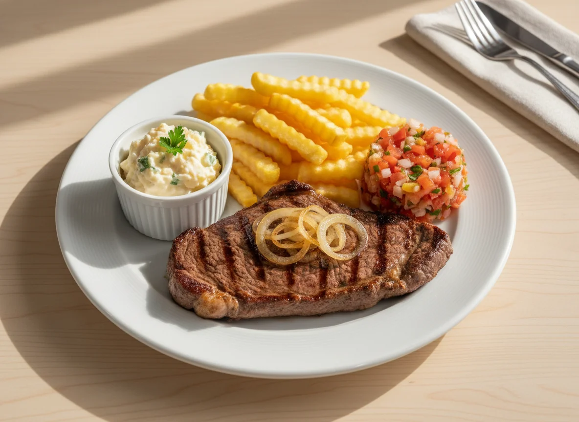 Prato com bife, batata frita e saladas photo