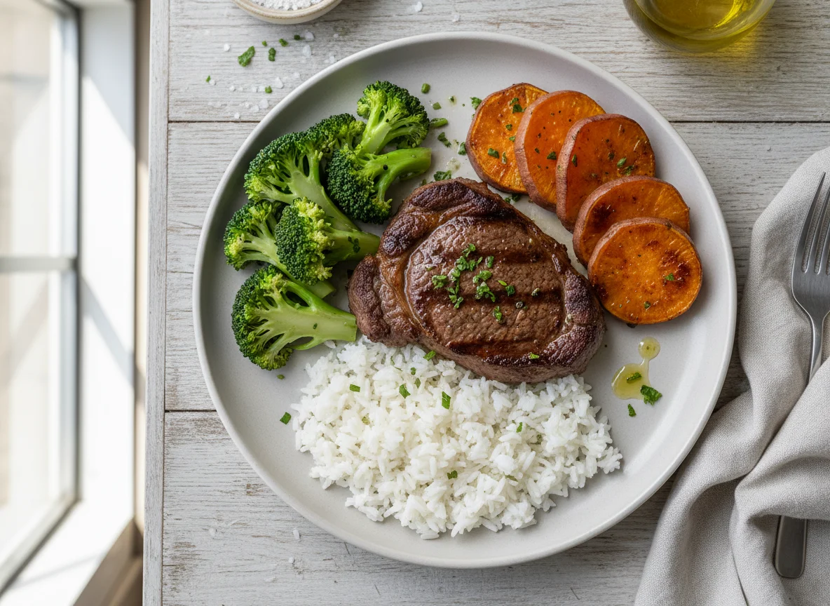 Prato com bife, brócolis, batata doce e arroz photo