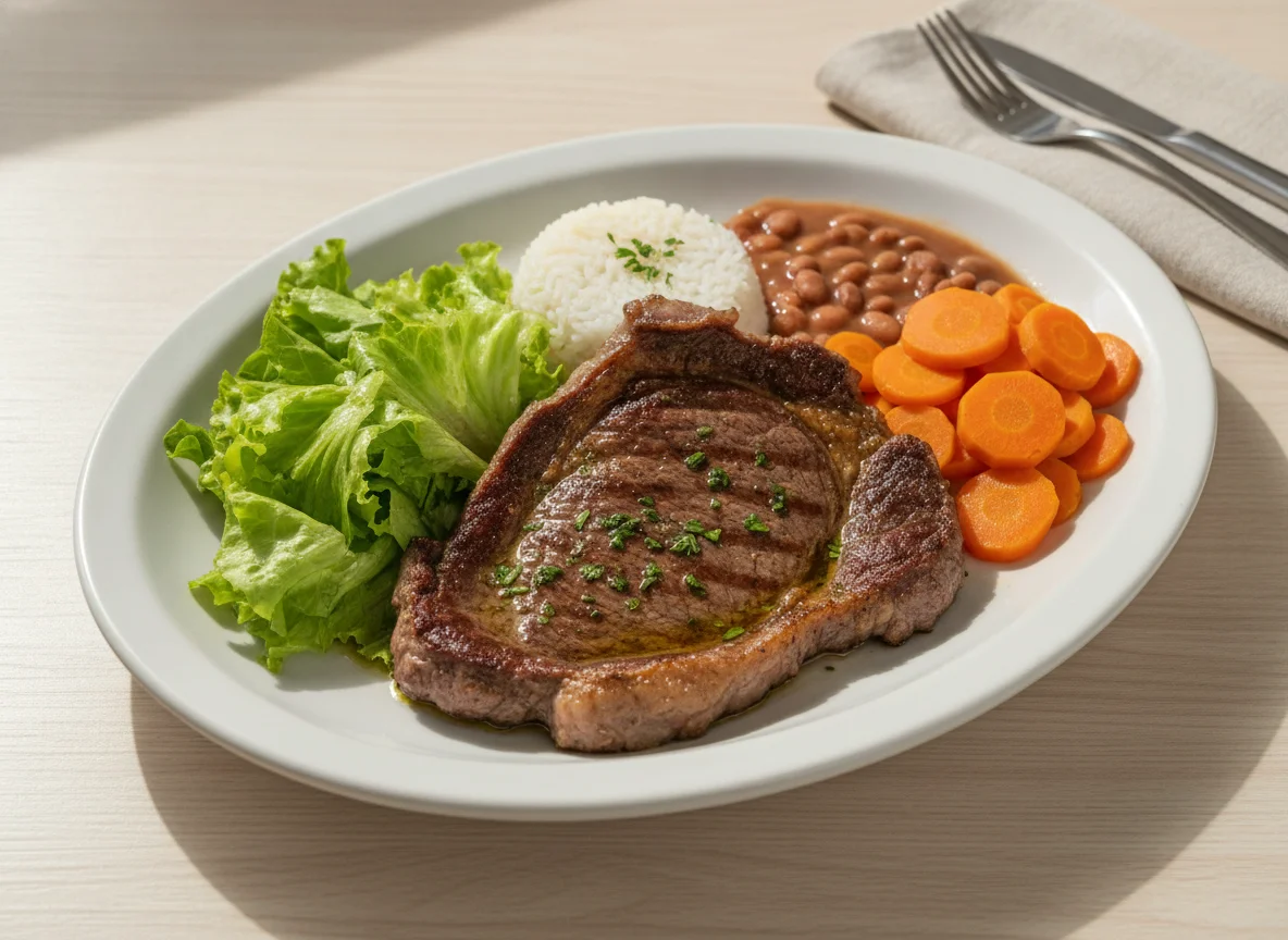 Prato com bife, cenoura e alface photo