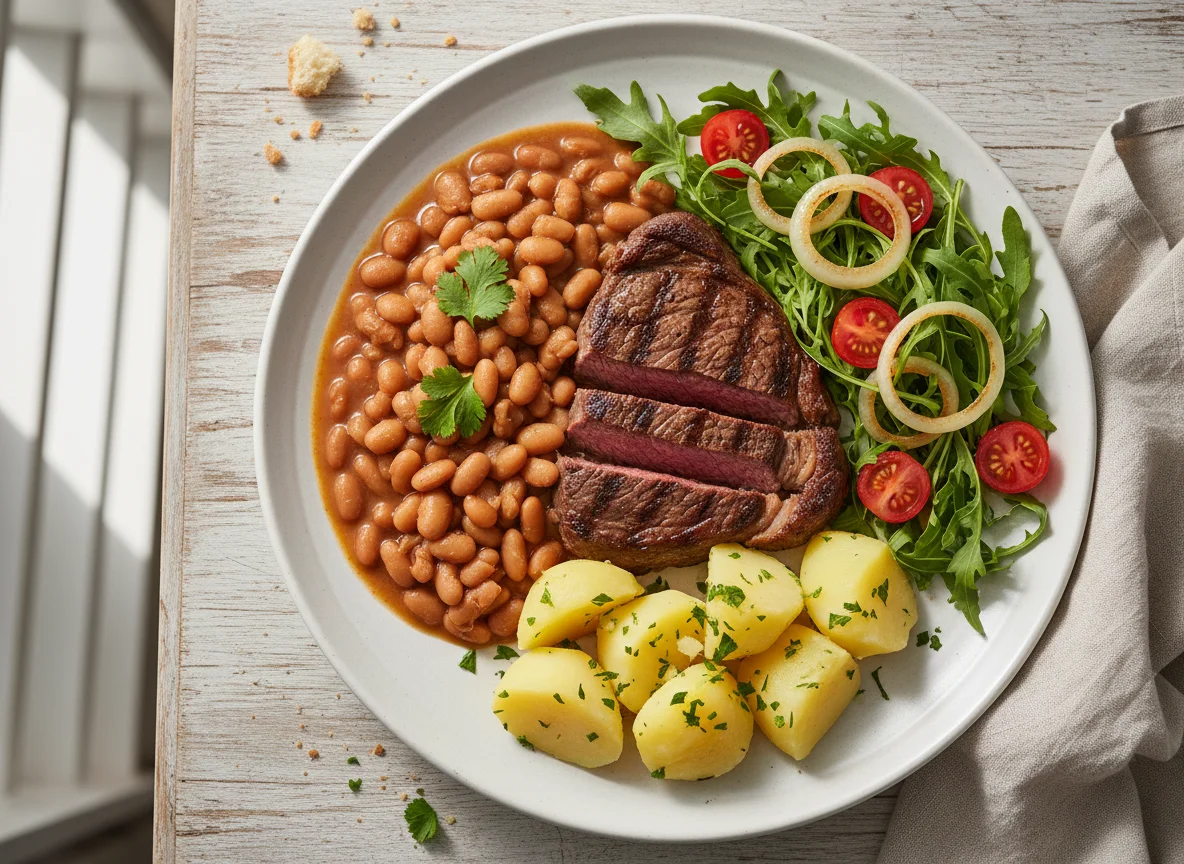 Prato com bife, feijão, salada e batata photo